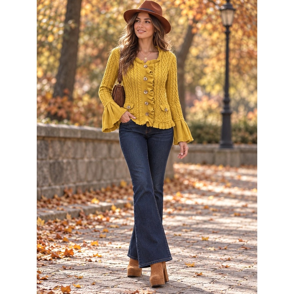 J.Jill Petite XS Mustard Cable Knit Cardigan Ruffle Bell Sleeve Cottagecore boho